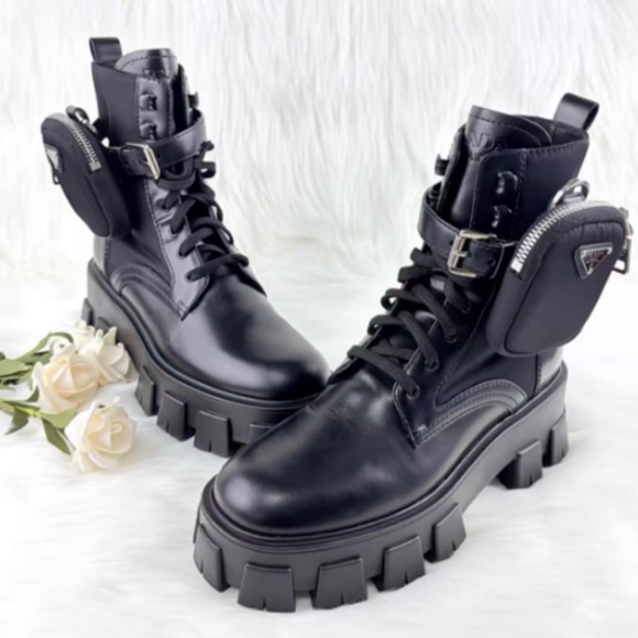 Prada Black Leather Lug-Sole Combat Boots with Removable Side Pouches - Picture 4 of 7